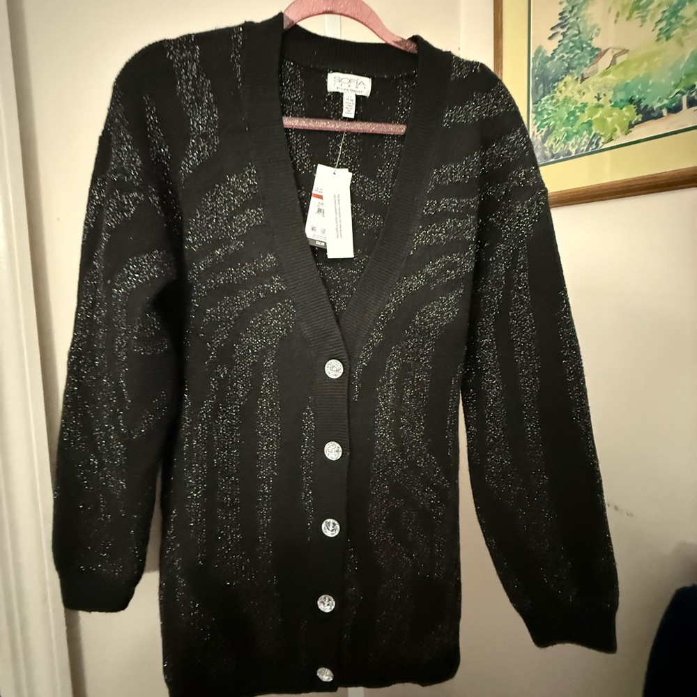 Sofia Vergara Button Down Cardigan . NWT. Size Medium. Black/ Metallic.